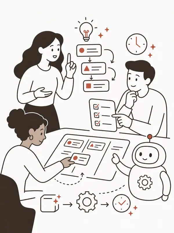 A line illustration of a team planning an automated workflow with an AI assistant.