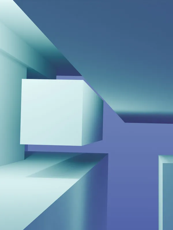 An abstract 3D render of geometric forms in blue and violet tones.