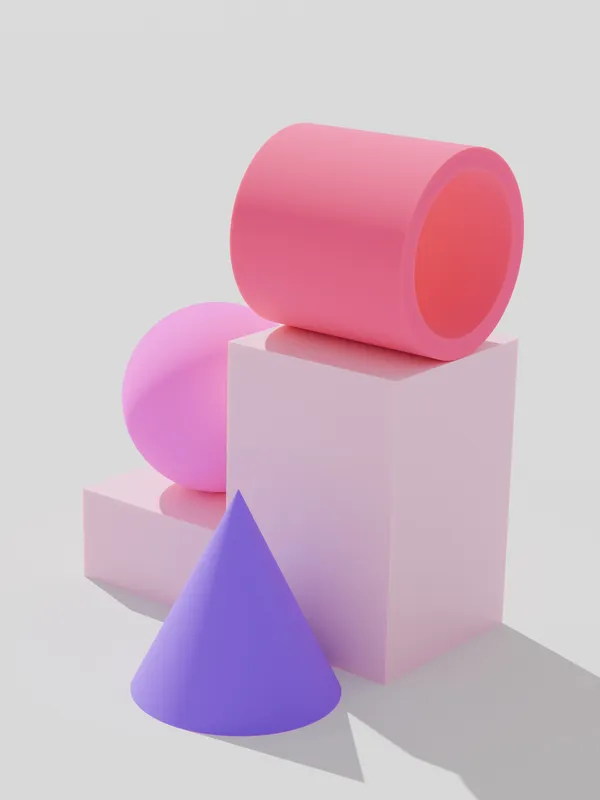 An abstract 3D render of geometric shapes in pink and purple tones.