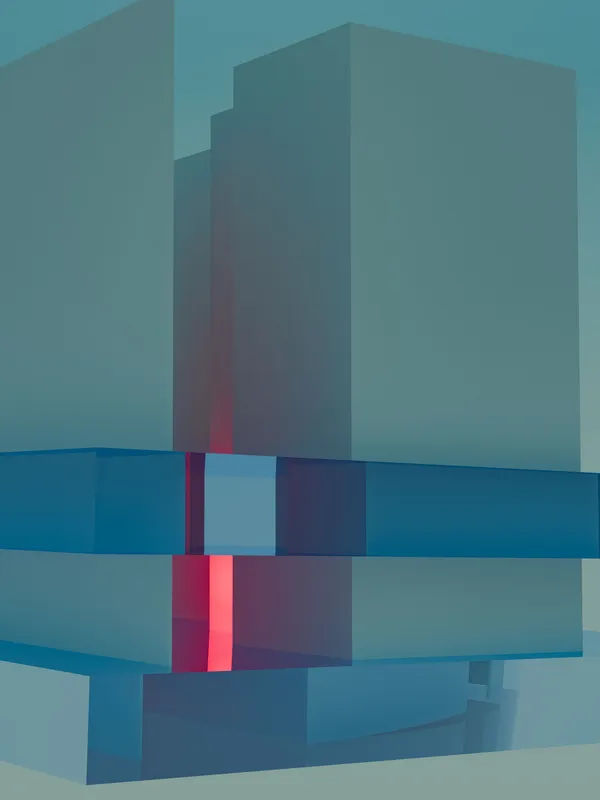 An abstract 3D render of layered architectural forms in teal and blue tones.