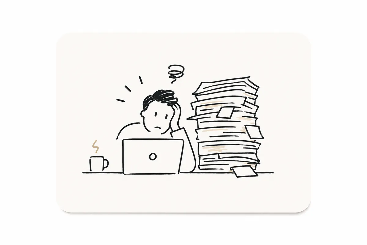 A line illustration of someone at a laptop with their head in their hand, next to a tall stack of papers.