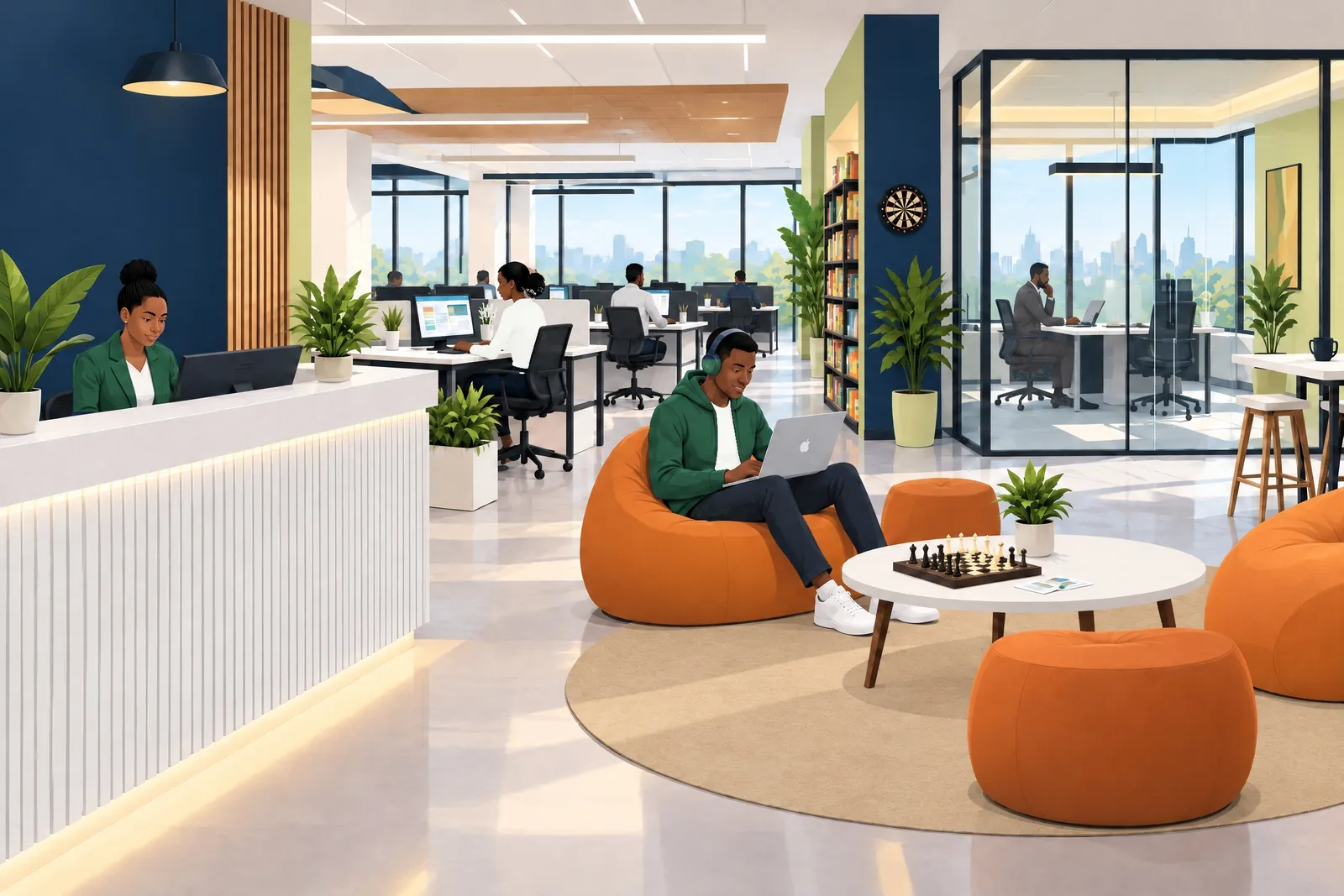 An illustration of a bright open office: a receptionist in a green jacket at a white desk, people working at screens by tall windows, and a man in a green hoodie working on a laptop in an orange bean bag.