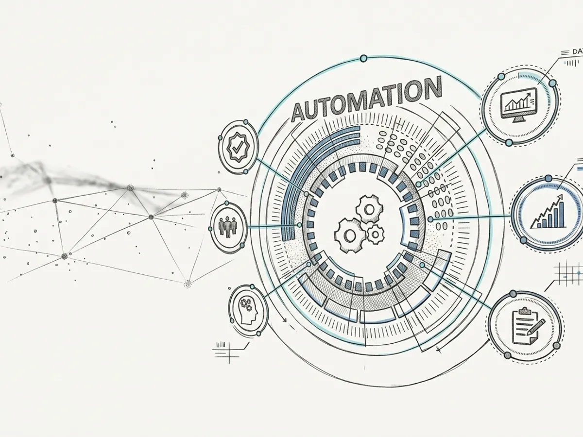 A line-art diagram of an automation hub connected to icons for approvals, people, decisions, reporting and growth.