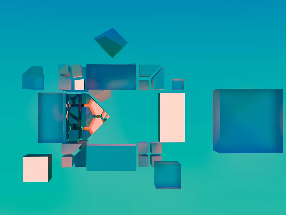 An abstract 3D render of teal and pink geometric blocks, some layered, some separate.