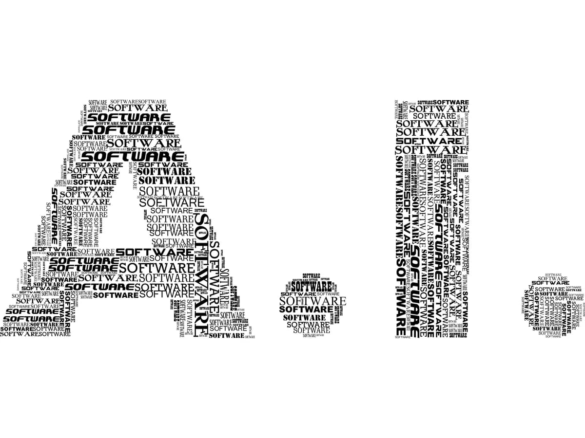 The letters A.I. built from the word SOFTWARE, repeated in black type of many sizes on white.